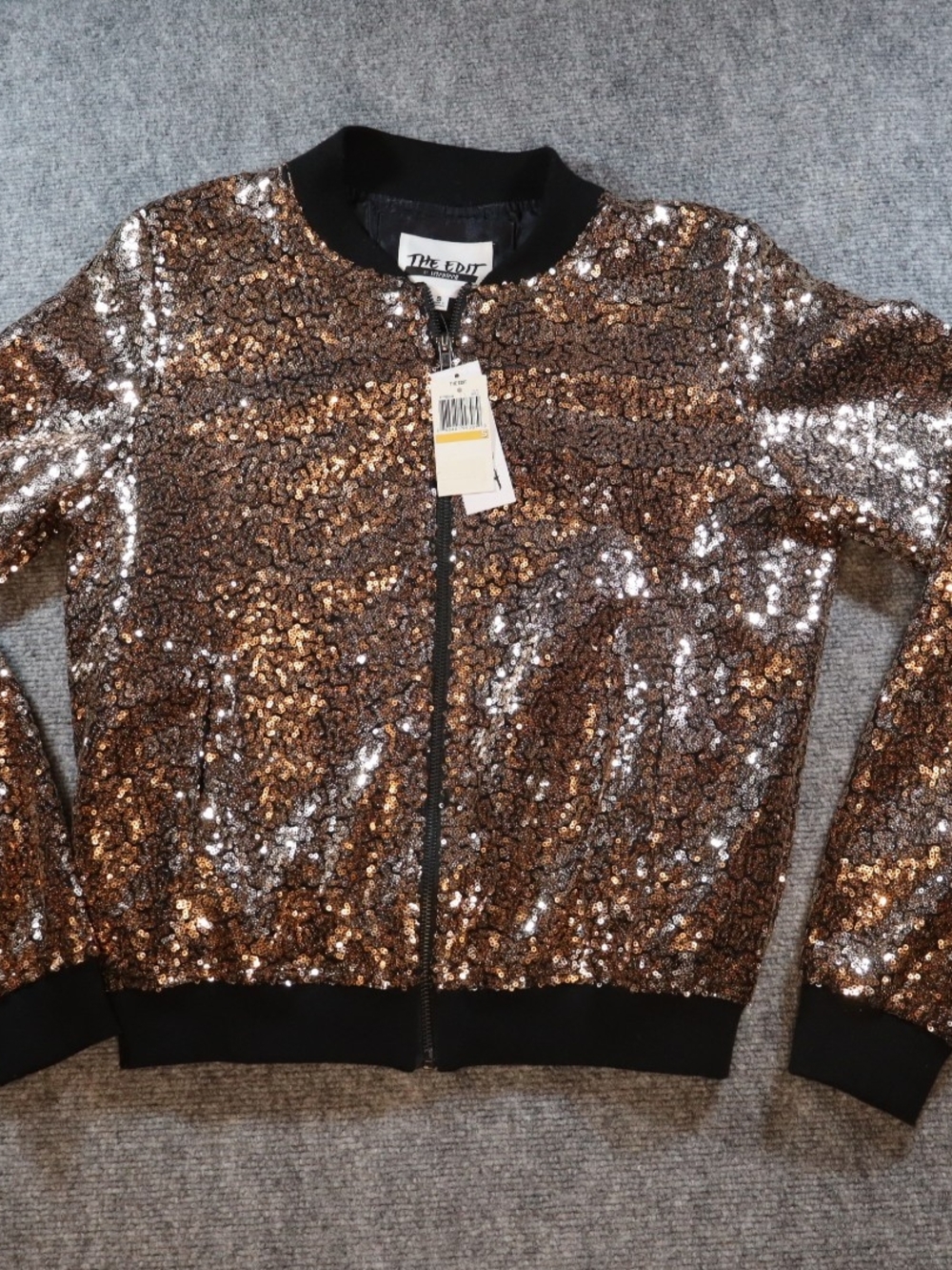 The Edit By Seventeen Bronze Sequin Bomber Jacket Womens Small NWT